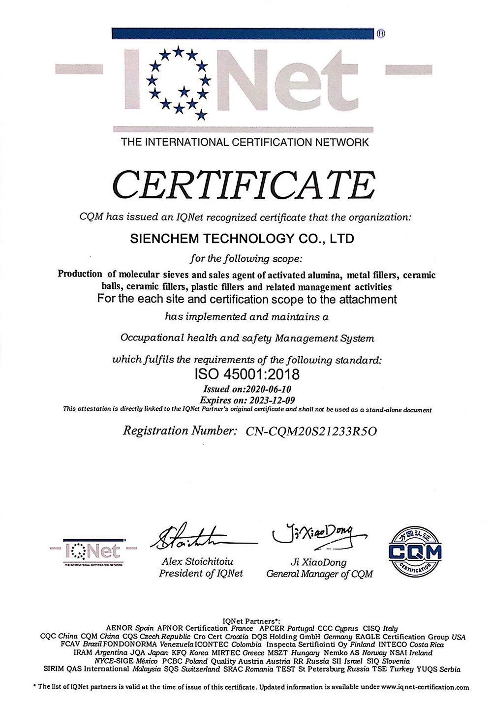 Molecular Sieve Certificate ISO45001