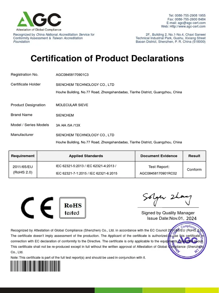 Molecular Sieve Certificate RoHs